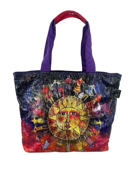 Laurel Burch Handbags - vtg Laurel Burch Harmony Under The Sun Foil Tote 19"x15" Iridescent Metallic